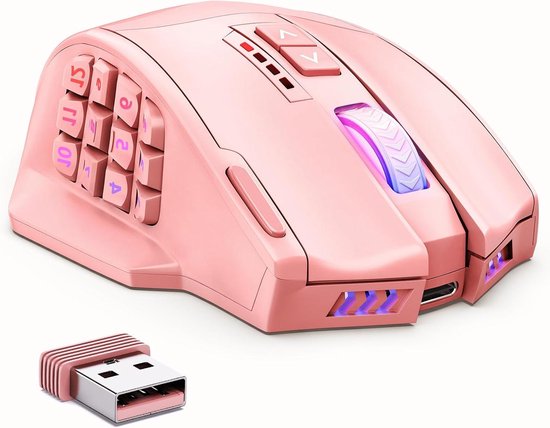 Draadloze Gaming Muis - Programmeerbare Muis - MMO Gaming - 16 Programmeerbare Knoppen - 16000 DPI - Roze van Merkloos