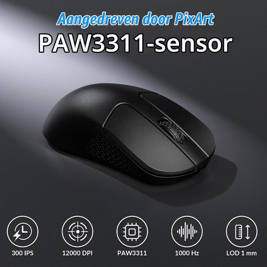 Draadloze Optische Gaming Muis met 2.4GHz en Bluetooth 5.2, 12000 DPI, Ergonomisch Ontwerp voor Windows, Mac en Linux – Zwart