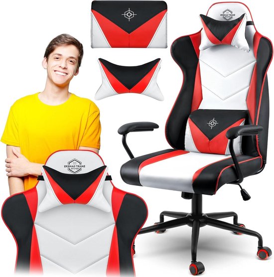 Draaistoel - Gamestoel PC - Comfortabel Zitten - SoftSwing Schommelfunctie - 62 x 50 x 123 cm - Zwart Wit Rood