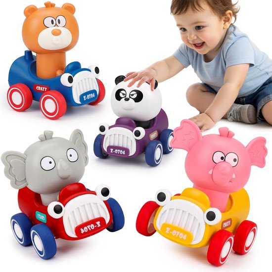 Druk en ga speelgoedauto's voor peuters van 1-3 jaar. Duw en ga met dierenraceauto's. Babyauto's. Speelgoed voor baby's van 6-12-18 maanden. Speelgoed voor jongens en meisjes van 1 jaar. Cadeaus voor de eerste verjaardag. van CubicFun