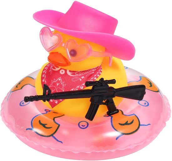 Eend voor Auto's, Rubber Eend voor Autodashboard Piepend Eendenbadspeelgoed Plezier Cowboyeend Auto Accessoires Autodashboarddecoraties met Zwemring Muts Sjaal Bril (Stijl 1) van Merkloos