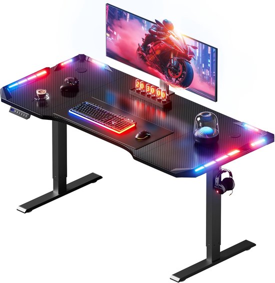 Elektrisch In Hoogte Verstelbaar Gamingbureau (140x60cm) met LED Verlichting en Geheugenfunctie