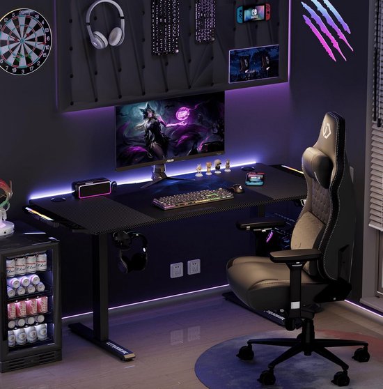 Elektrisch In Hoogte Verstelbare Gaming Bureau met RGB LED Verlichting en XXL Muismat - 140x68 cm van Merkloos
