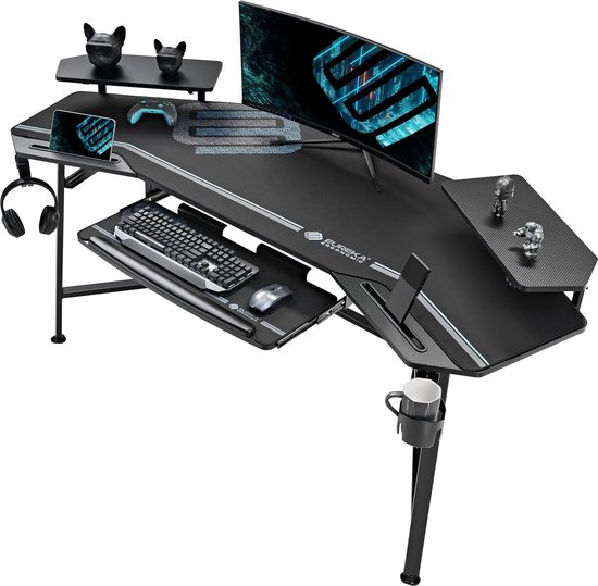 Ergonimisch Gaming Bureau 182 x 76 cm - Vleugelvormig met Monitorsteunen en Hoofdtelefoonhaken van Merkloos
