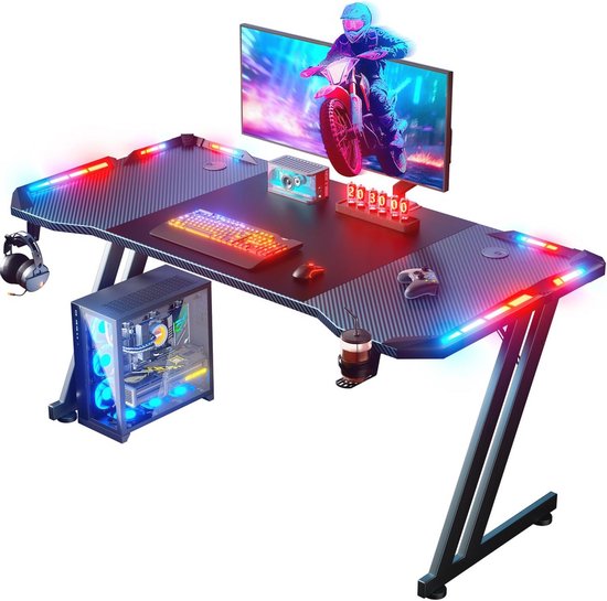 Ergonomisch Gaming Bureau 120 x 60 cm - Gamingtafel met Koolstofvezel Oppervlak, Bekerhouder en Hoofdtelefoonhaak - Zwart van Merkloos