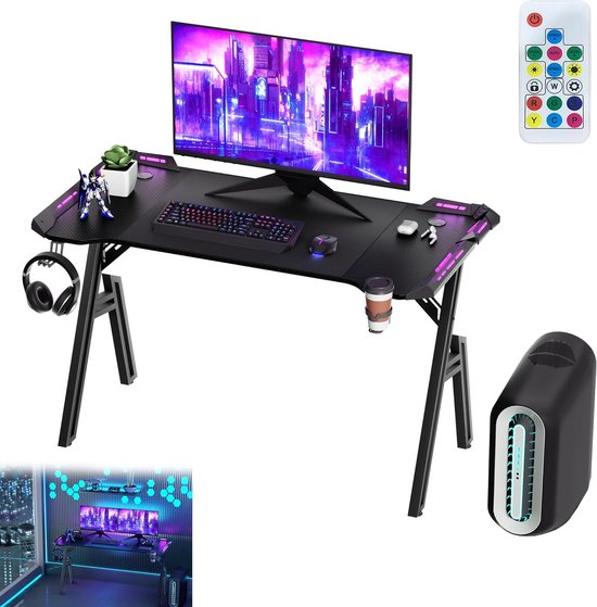 Ergonomisch Gaming Bureau 120x60 cm met RGB LED, Headset Houder en Bekerhouder - Sterke PC Tafel van Merkloos