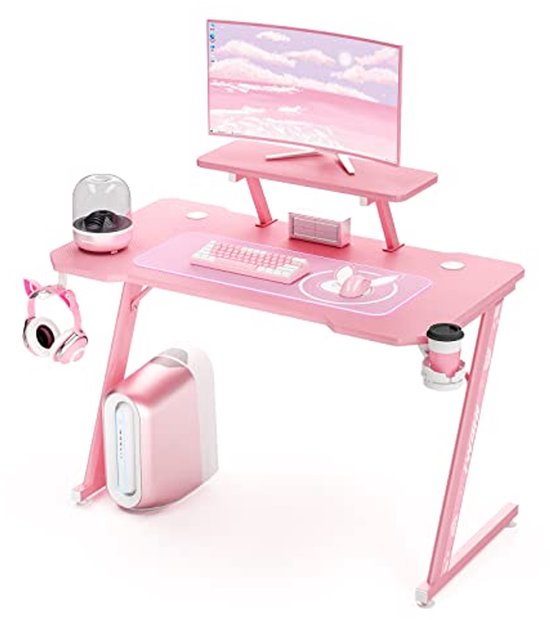 Ergonomisch Gaming Bureau met Carbon Fiber Blad en Verstelbare Monitorplank in Roze