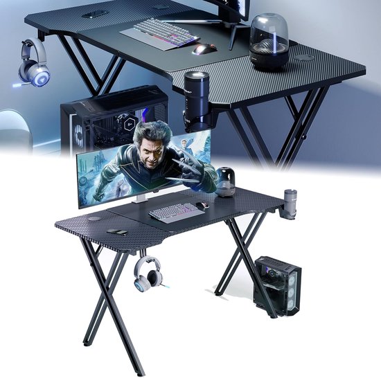 Ergonomisch Gaming Bureau met Koolstofvezel Oppervlak, Bekerhouder en Headsethaak van Merkloos
