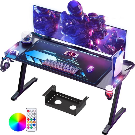 Ergonomisch Gaming Bureau met LED Verlichting 160 x 70cm - Koolstofvezel Tafelblad en Kabelmanagement van Merkloos