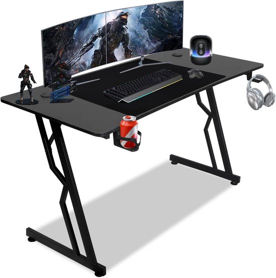 Ergonomisch Gaming Bureau Z-Vorm 140x60 cm met LED Verlichting en Grote Muismat van Merkloos