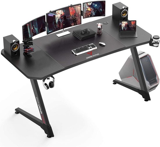 Ergonomisch Gaming Bureau Z-Vorm PC Tafel met Muismat, USB Houder, Bekerhouder en Koptelefoonhaak (160 cm, Zwart) van Merkloos