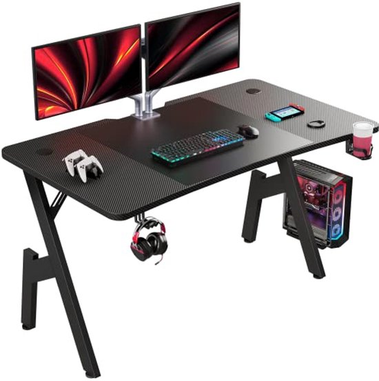Ergonomisch Gamingbureau 120 x 60 cm met Bekerhouder en Hoofdtelefoonhaak - Zwart van Merkloos