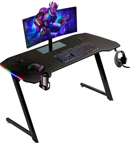 Ergonomisch gamingbureau met LED, bekerhouder en koptelefoonhaak, 140x60 cm speeltafel van Merkloos