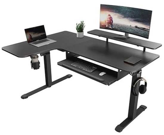 Ergonomisch In Hoogte Verstelbaar Bureau Elektrisch 155 × 110 cm Gamingtafel L-vorm Dubbele Motor Hoekbureau met Kabelmanagement en Geheugenfunctie Zwart van Merkloos