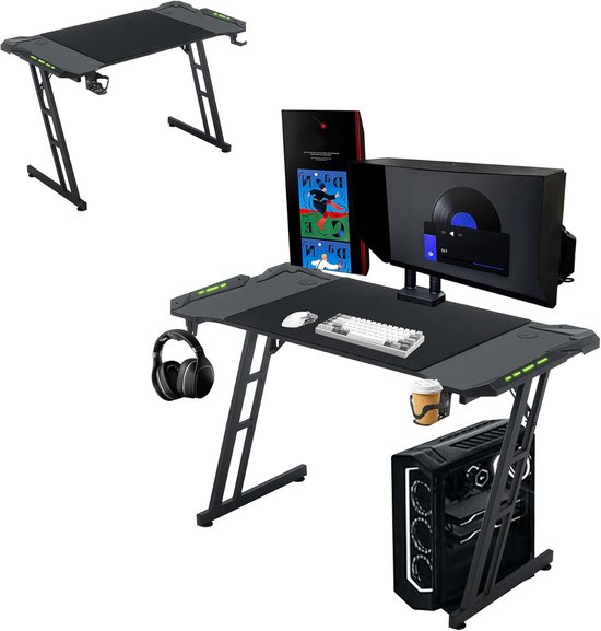 Ergonomisch Z-vormig Gamingbureau met Koolstofvezelblad en LED 140x60cm van Merkloos