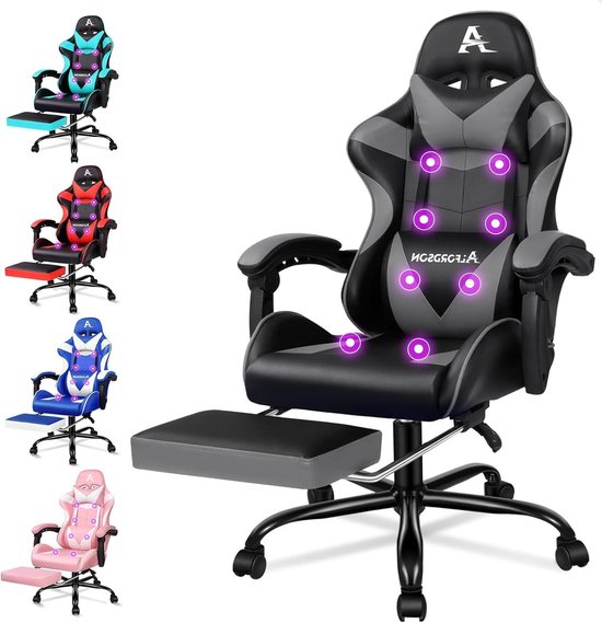 Ergonomische bureaustoel - Comfortabele stoel - Thuiswerken en gamen - Massagefunctie en voetensteun - 180 kg draaglast - Grijs