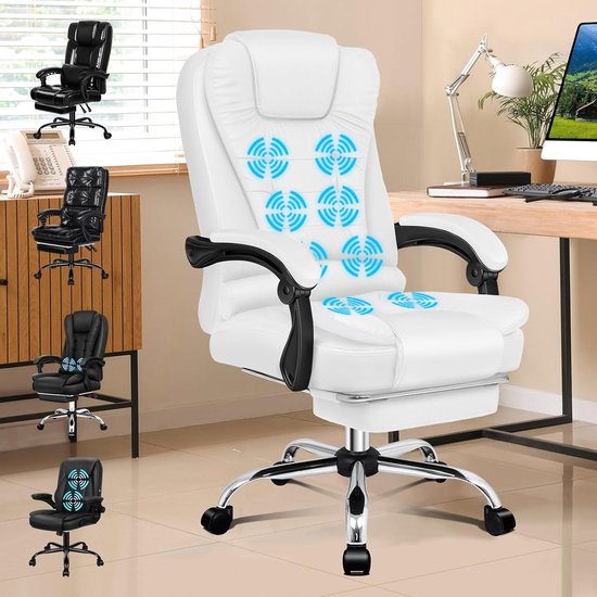 Ergonomische Bureaustoel - Comfortabele Werkstoel - Langdurig Zitten - Massage en Verwarming - 180 kg Draaglast - Wit