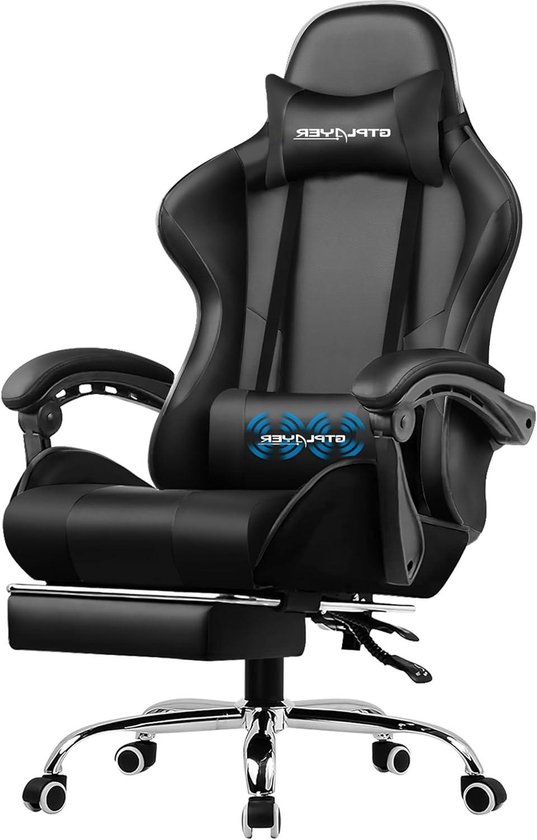 Ergonomische Bureaustoel - Gamerstoel Voetensteun - Comfortabel Zitten - Met Massage Lendenkussen - 51 x 52 x 135 cm - Zwart