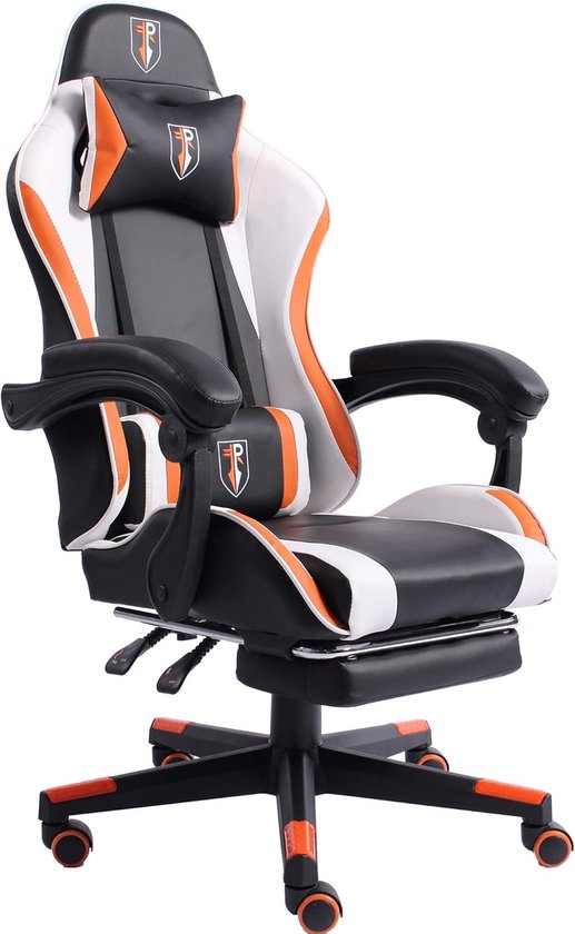 Ergonomische bureaustoel - Gamestoel lederlook - Comfortabel werken - Uittrekbare voetensteun - 126 cm hoog - Zwart wit oranje