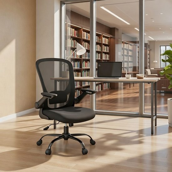 Ergonomische bureaustoel met plafond- en rugleuning - verstelbare ladestoel met mesh Rugleuning, Kantelfunctie en opklapbare fauteuils - Zwart Casa Serena van Merkloos