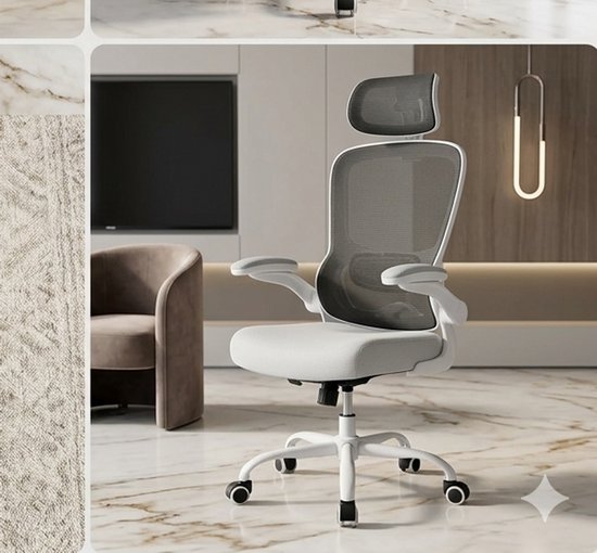 Ergonomische Bureaustoel met Verstelbare Lendensteun en 2D Hoofdsteun – Gaming & Office Stoel met 150 kg Draagvermogen, 360° Draaibaar, Mesh Rugleuning – Wit/Zwart – MedaHomeStore van Merkloos