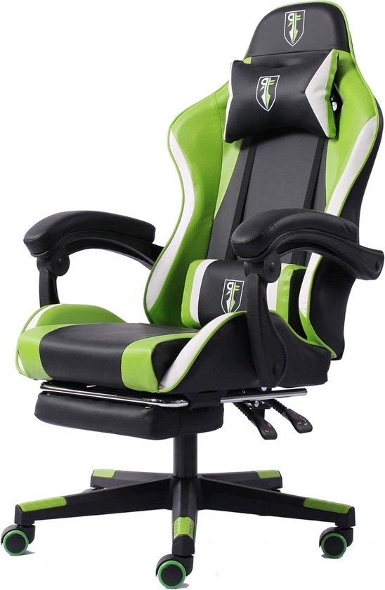 Ergonomische Gamestoel - Bureaustoel Racer - Comfortabel Zitten - Uittrekbare Voetensteun - 126 cm Hoog - Zwart Groen Wit