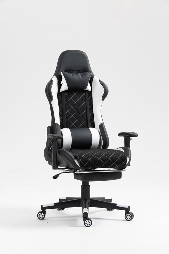 Ergonomische Gamestoel - Comfortabele Stoel - Lang Zitten - Inklapbare Voetensteun - 58 x 67 x 136 cm - Zwart Wit