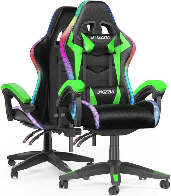 Ergonomische Gaming Stoel met RGB Verlichting, Leidersteun en Hoofdsteun - Groen van Merkloos