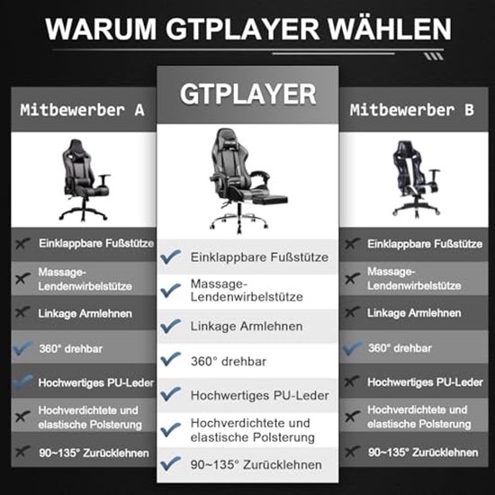 Ergonomische Gaming Stoel met Voetensteun en Hoofdsteun - Draaistoel in Grijs van Merkloos