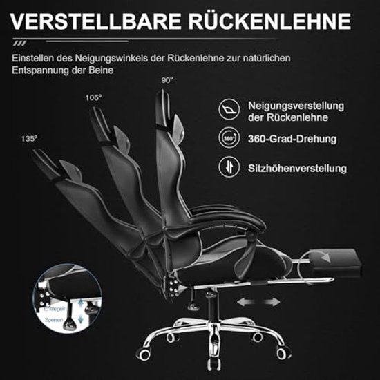 Ergonomische Gaming Stoel met Voetensteun en Hoofdsteun - Draaistoel in Grijs