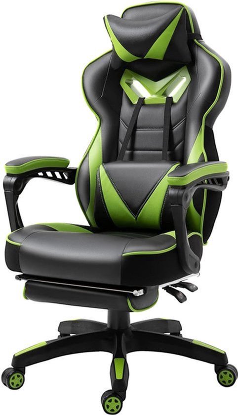 Ergonomische Gaming Stoel met Voetensteun en Kussens - In Hoogte Verstelbaar - Zwart Groen van Merkloos