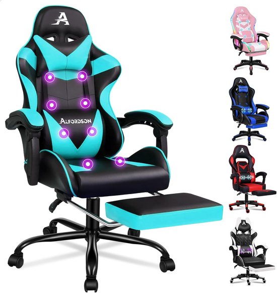 Ergonomische Gaming Stoel met Voetensteun en Massagefunctie - PU-leer - 180 kg Draagkracht van Merkloos