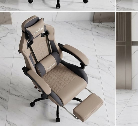 Ergonomische Gaming Stoel met Voetensteun & Lendesteun – Verstelbare Bureaustoel 150KG – Luxe Kunstleer Racing Chair met Hoofdsteun – Beige | MedaHomeStore van Merkloos