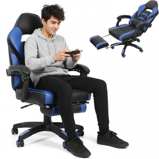 Ergonomische Gaming Stoel met Voetsteun - Zwart en Blauw