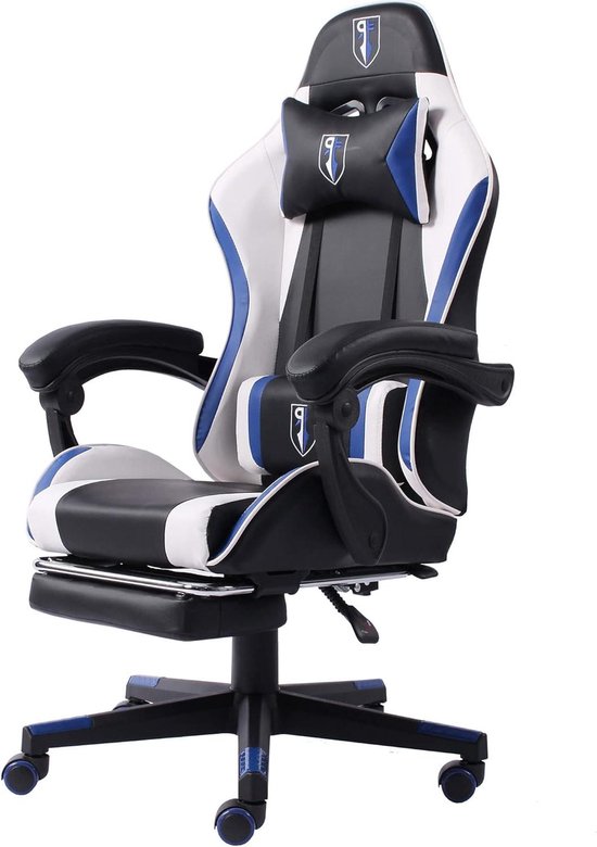 Ergonomische Gaming Stoel - Race Stoel Bureau - Comfortabel Zitten - Met Voetensteun - 126 cm Hoog - Zwart Wit Blauw van Merkloos