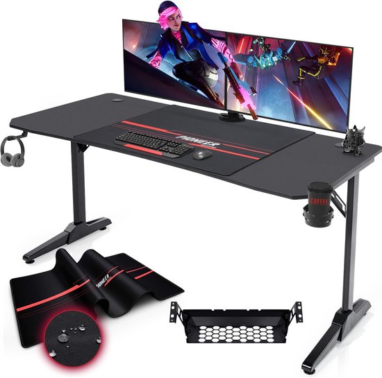 Ergonomische Gaming Tafel 140 cm met Kabelopbergdoos, Bekerhouder en Hoofdtelefoonhouder van Merkloos