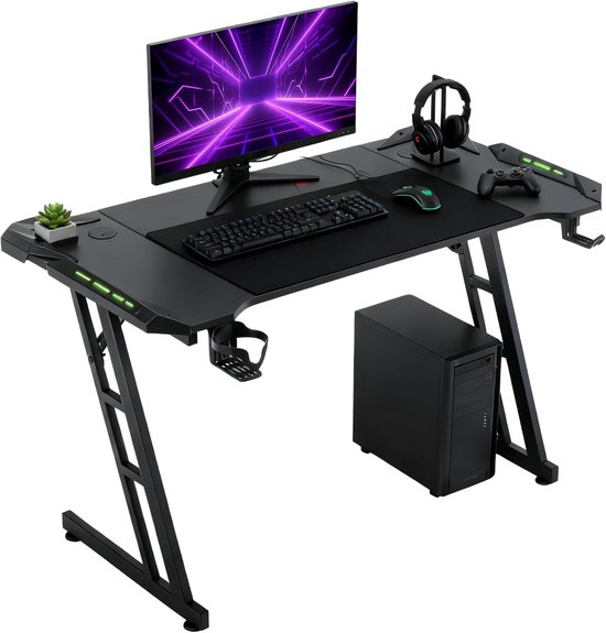 Ergonomische Gaming Tafel met LED Licht en Bekerhouder Zwart 140x60 cm van Merkloos