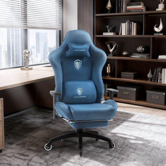 Ergonomische Gamingstoel – Bureaustoel – Game Stoel – Racestoel – Comfortstoel – Verstelbare 3D-Armleuningen – Verstelbare Voetensteun – PU Suède Bekleding – Stevig Metaal Frame – Blauw