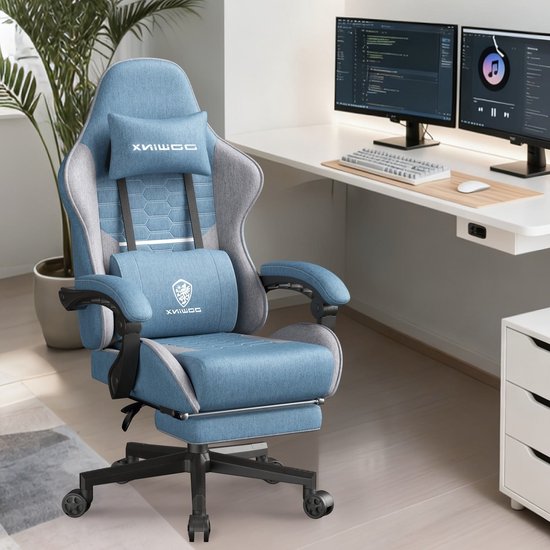 Ergonomische Gamingstoel – Bureaustoel – Game Stoel – Werkstoel – Computersetel – Verstelbare 3D-Armsteunen – Stevig Metalen Frame – Grijs-Blauw van Merkloos