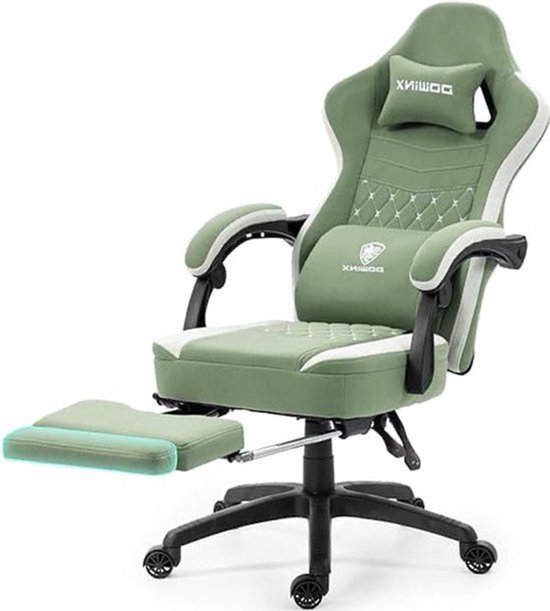 Ergonomische Gamingstoel – Bureaustoel – Gamestoel – Bureaufauteuil – Werkstoel – Uittrekbare Klapbare Voetensteun – USB Massagekussen – Ademend Stof Groen