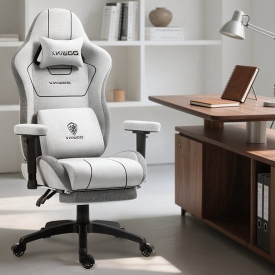 Ergonomische Gamingstoel – Bureaustoel – Gamestoel – Computestoel – Office Chair – Hoog Rugleuning – Verstelbare Armleuningen – Metalen Frame – Voetsteun – Grijs