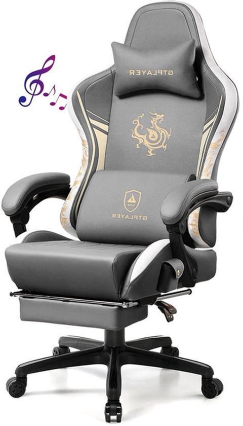 Ergonomische Gamingstoel met Bluetooth-luidsprekers en Voetensteun - Comfortabele Draaistoel voor Gamers - Grijs