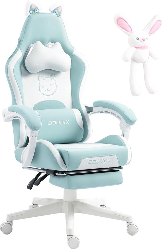 Ergonomische Gamingstoel met Hoge Rugleuning en Voetsteun - Katteneditie in Blauw
