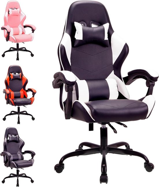 Ergonomische gamingstoel met hoge rugleuning verstelbare lendensteun en hoofdsteun - tot 150kg gewicht - Wit Gaming chair van Merkloos