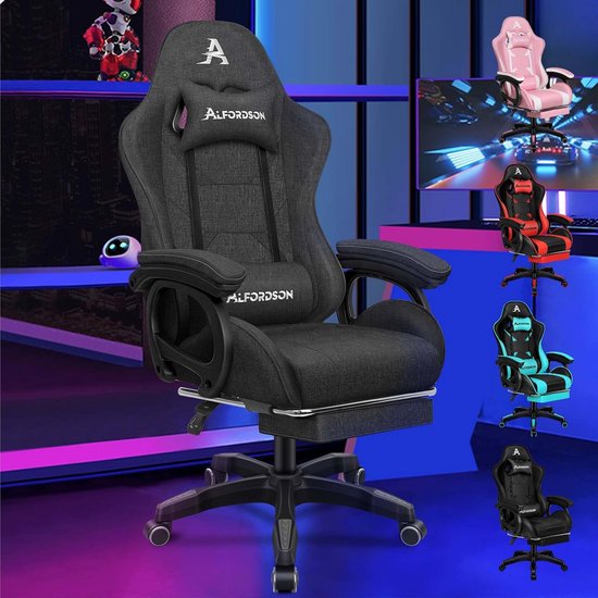 Ergonomische Gamingstoel met Massage Lendensteun - In Hoogte Verstelbare Draaistoel - Stof Grijs