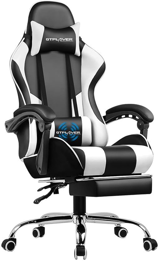 Ergonomische Gamingstoel met Massagefunctie en Voetensteun - Draaistoel met Hoofdsteun en Lendenkussen - Comfortabele Zachte Bekleding in Wit