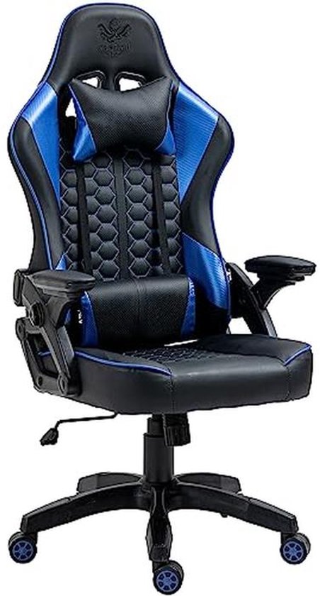 Ergonomische Gamingstoel met Verstelbare Armleuningen en Nek- en Lendenkussens - Zwart-Blauw van Merkloos