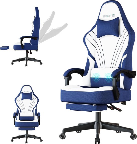 Ergonomische gamingstoel met voetensteunen - 360 graden draaibaar - blauw - pc-stoel met hoofdsteun en lendenkussen Gaming chair van Merkloos