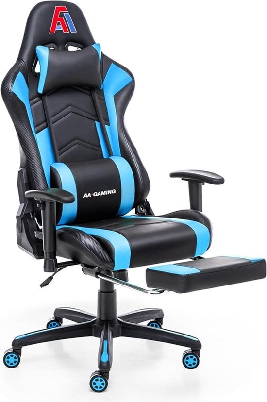 Ergonomische Gamingstoel met Voetsteun en Lendensteun - Verstelbare Bureaustoel Racestoel Zwart Blauw