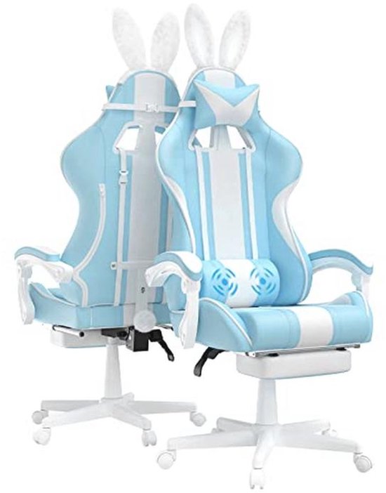 Ergonomische Gamingstoel met Voetsteun en Massagefunctie - Computerstoel met Hoofdsteun en Lendekussen - Lichtblauw van Merkloos